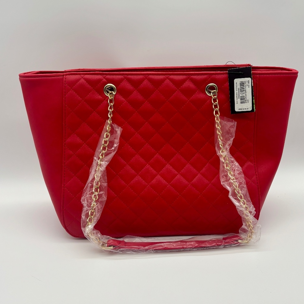 Badgley Mischka Red Quilted Tote Bag | Gold Chain Handles | Vegan Leather | NWT